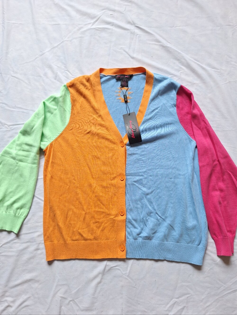 Elena Wang Colorblock Cardigan Sweater XL NWT Orange Blue Pink Green Button-Up